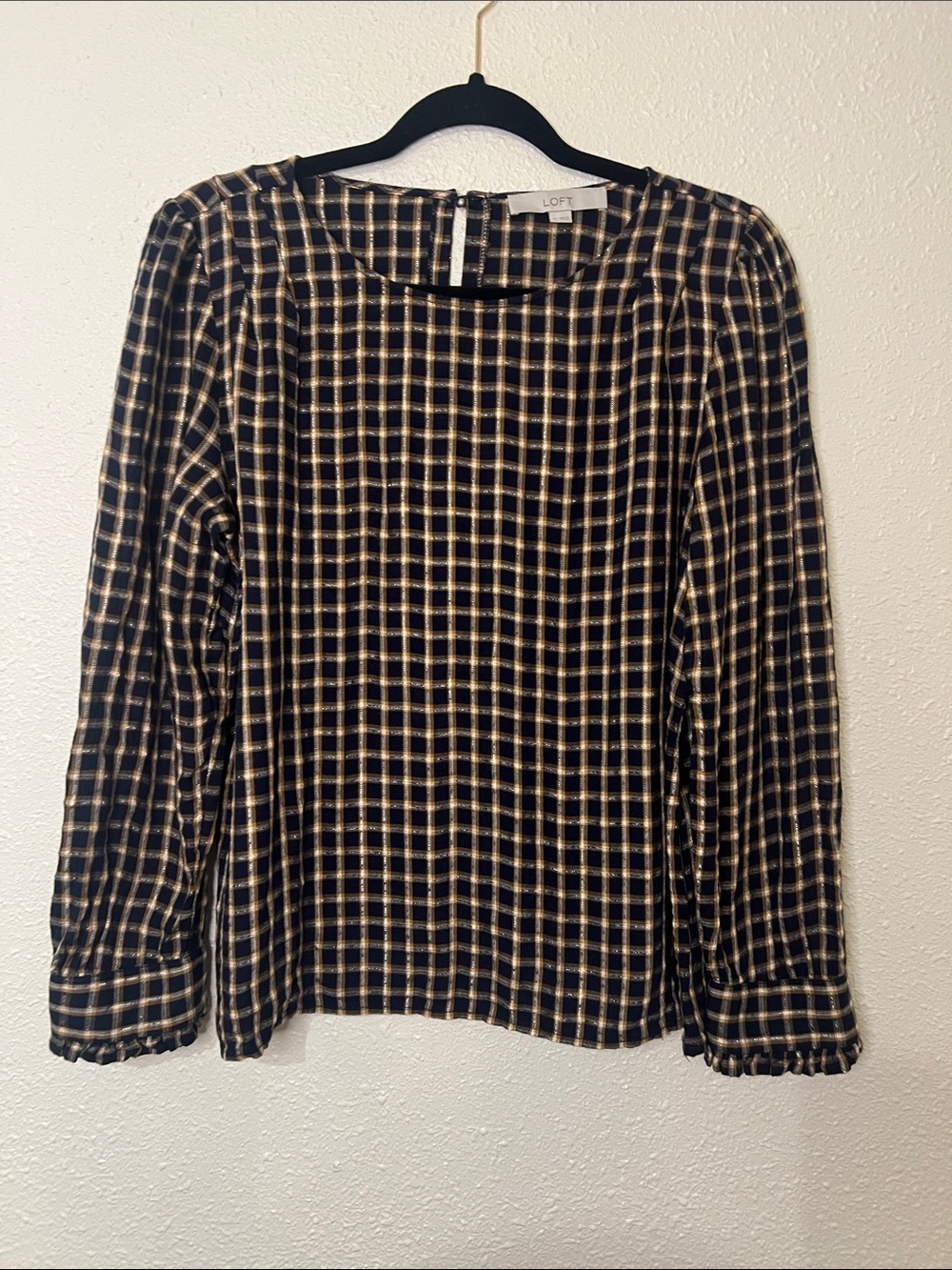 LOFT Black and Cream Checked Long Sleeve Top
